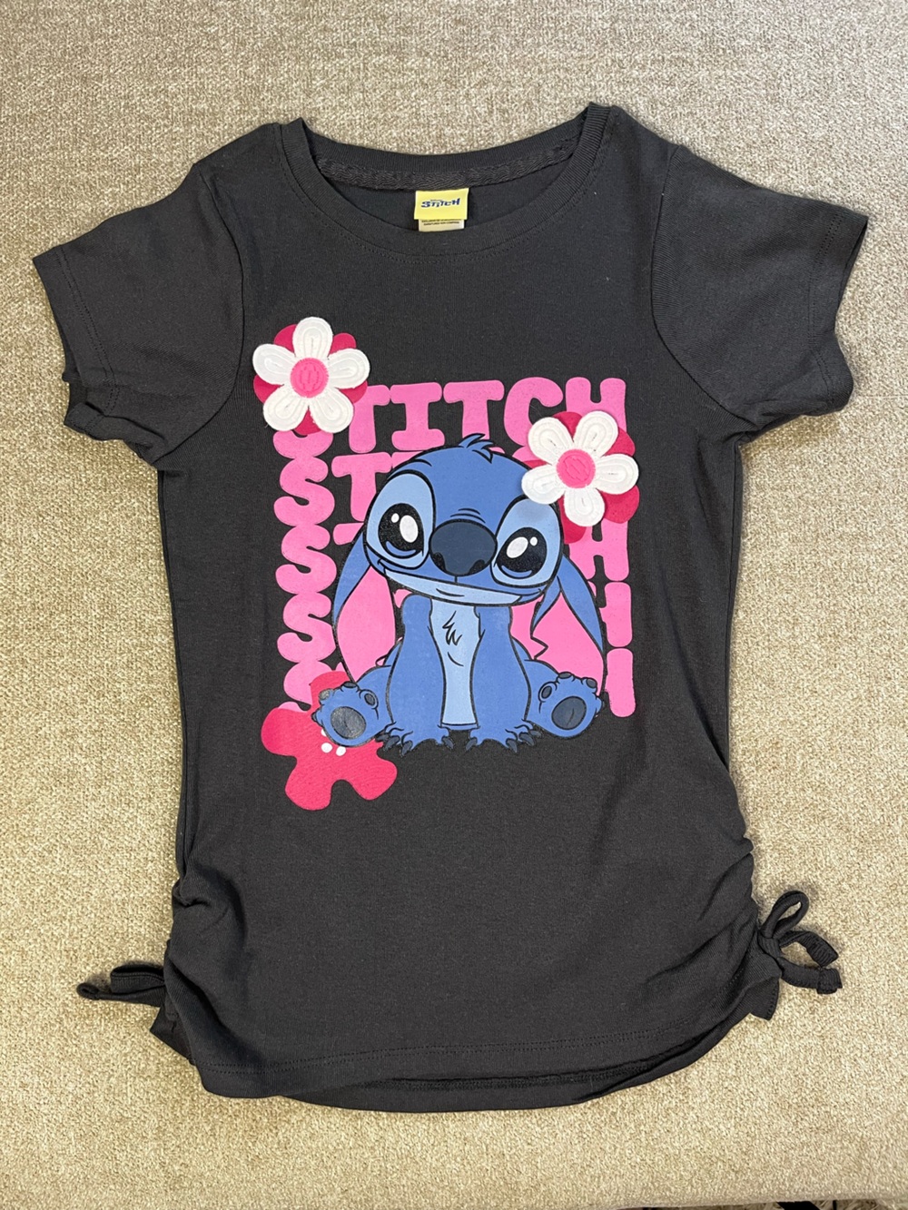 NWOT Disney Black Tee size 12 Stitch with Pink 3D Floral Accents